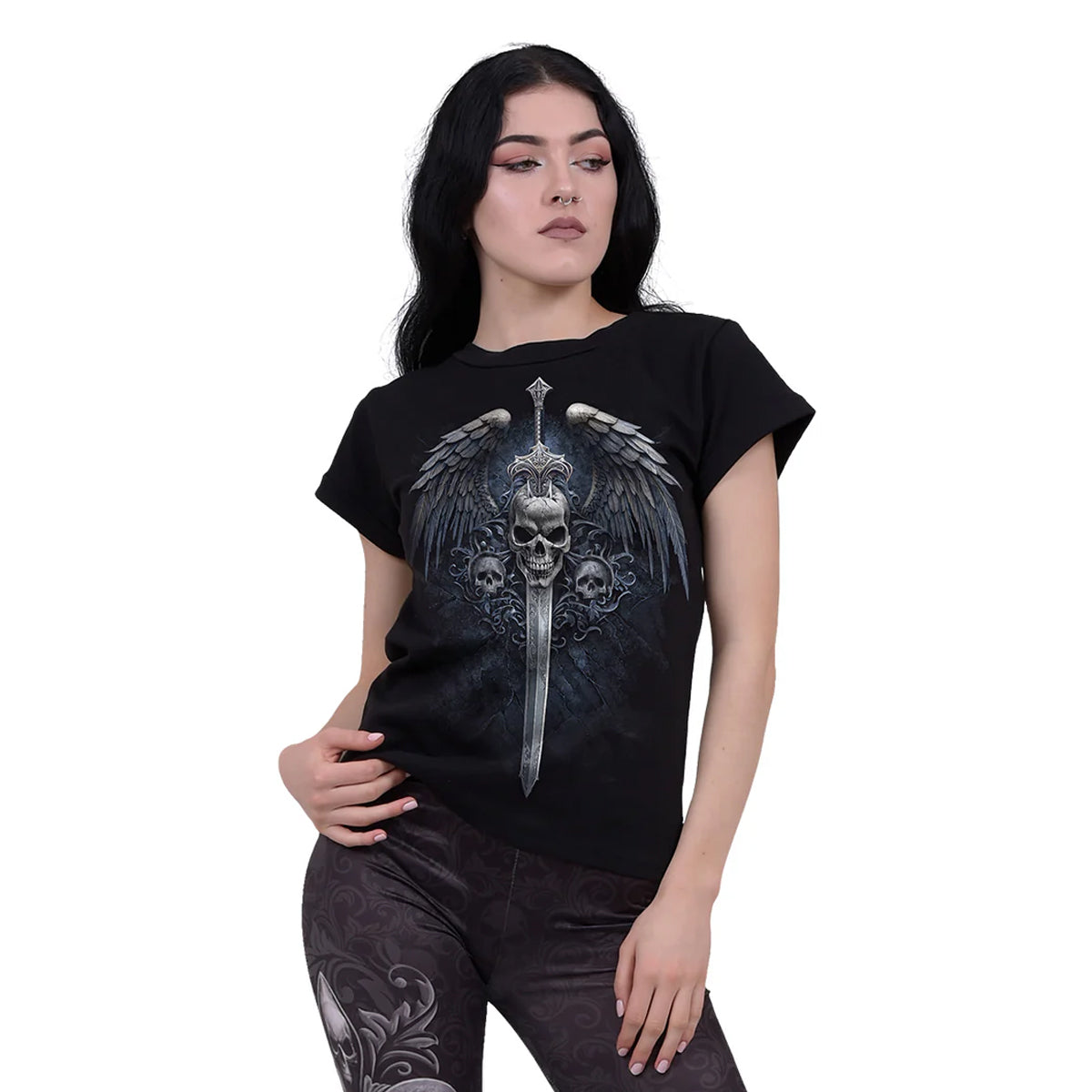 Black - Back - Spiral Direct Womens-Ladies Angel Sword T-Shirt