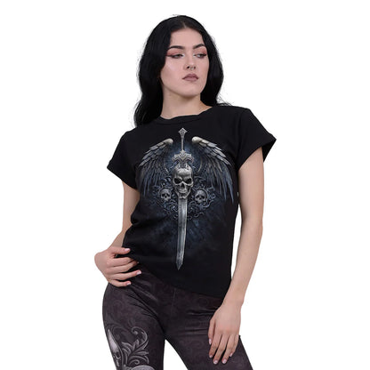 Black - Back - Spiral Direct Womens-Ladies Angel Sword T-Shirt