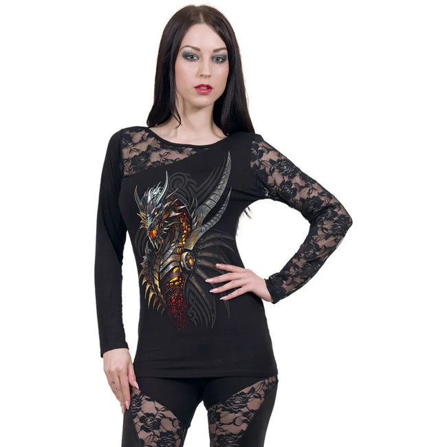 Black-Red-Acorn - Back - Spiral Direct Womens-Ladies Razor Back Lace One Shoulder Long-Sleeved Top