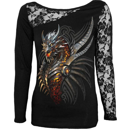 Black-Red-Acorn - Front - Spiral Direct Womens-Ladies Razor Back Lace One Shoulder Long-Sleeved Top