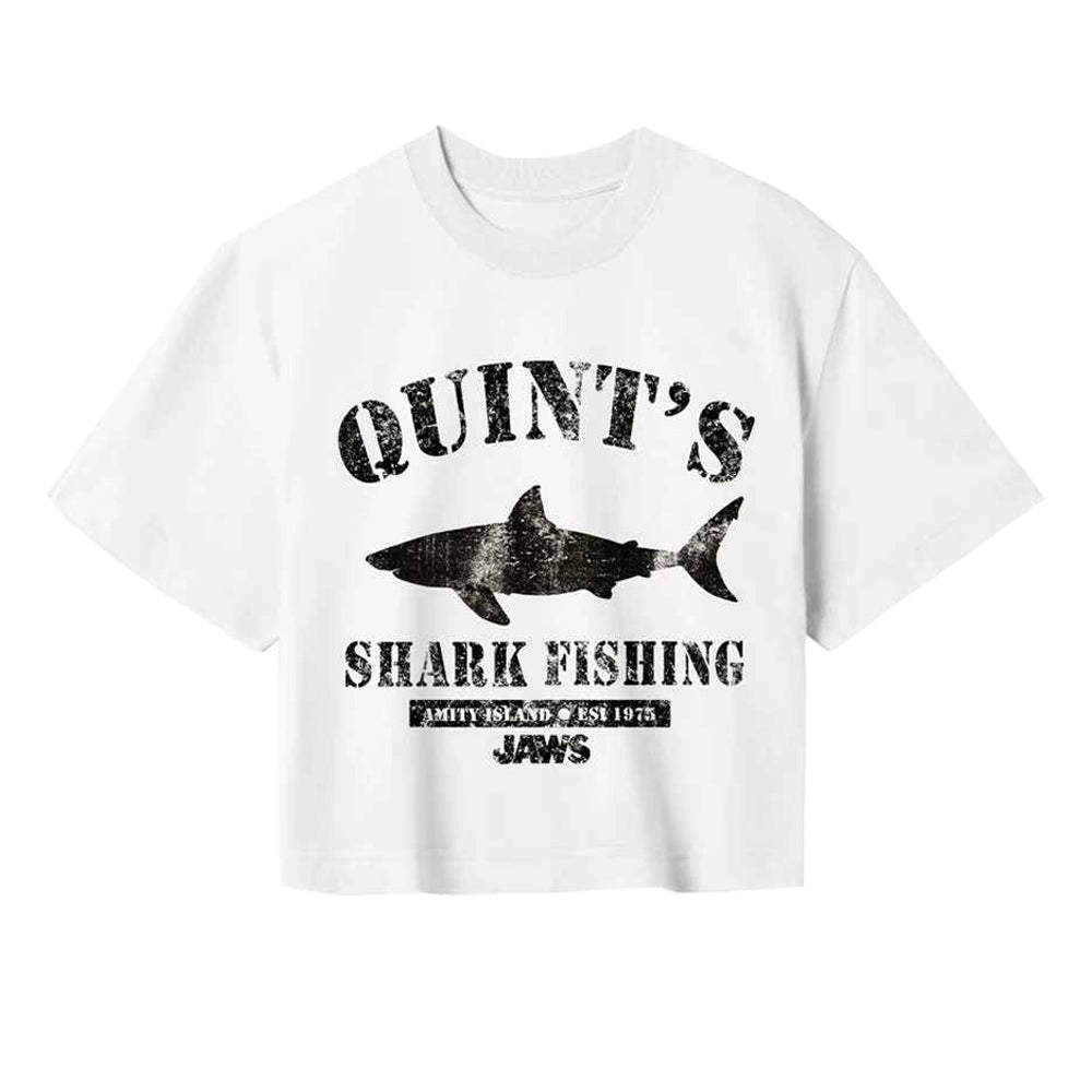 White - Front - Jaws Womens-Ladies Quints Shark Fishing Crop T-Shirt