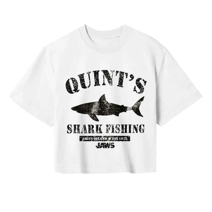 White - Front - Jaws Womens-Ladies Quints Shark Fishing Crop T-Shirt