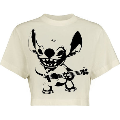 White - Front - Lilo & Stitch Womens-Ladies Guitar Crop T-Shirt
