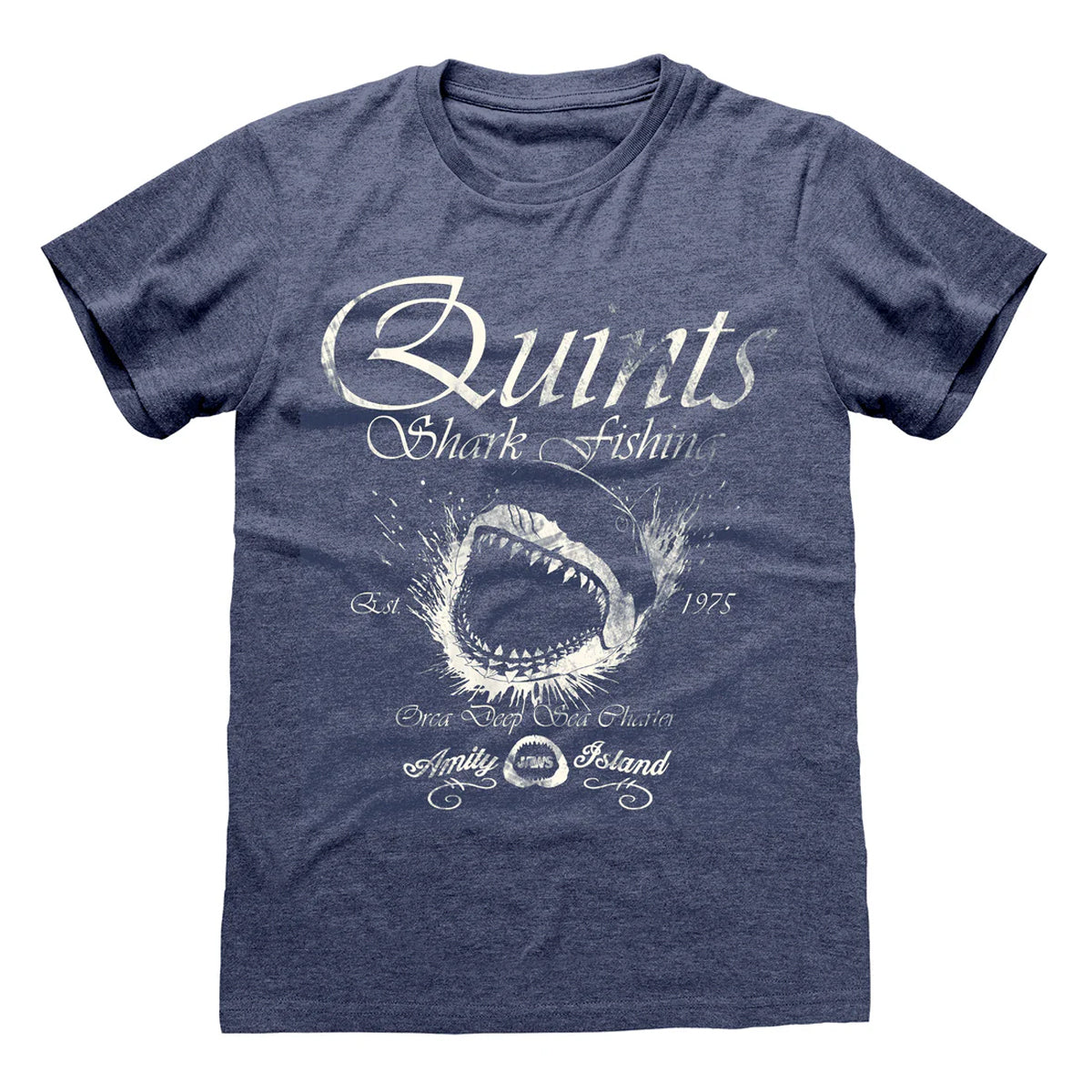 Vintage Heather Navy - Front - Jaws Unisex Adult Quints Shark Fishing T-Shirt