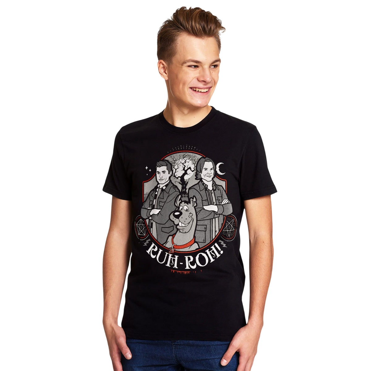 Black - Front - Supernatural Unisex Adult Ruh Roh T-Shirt