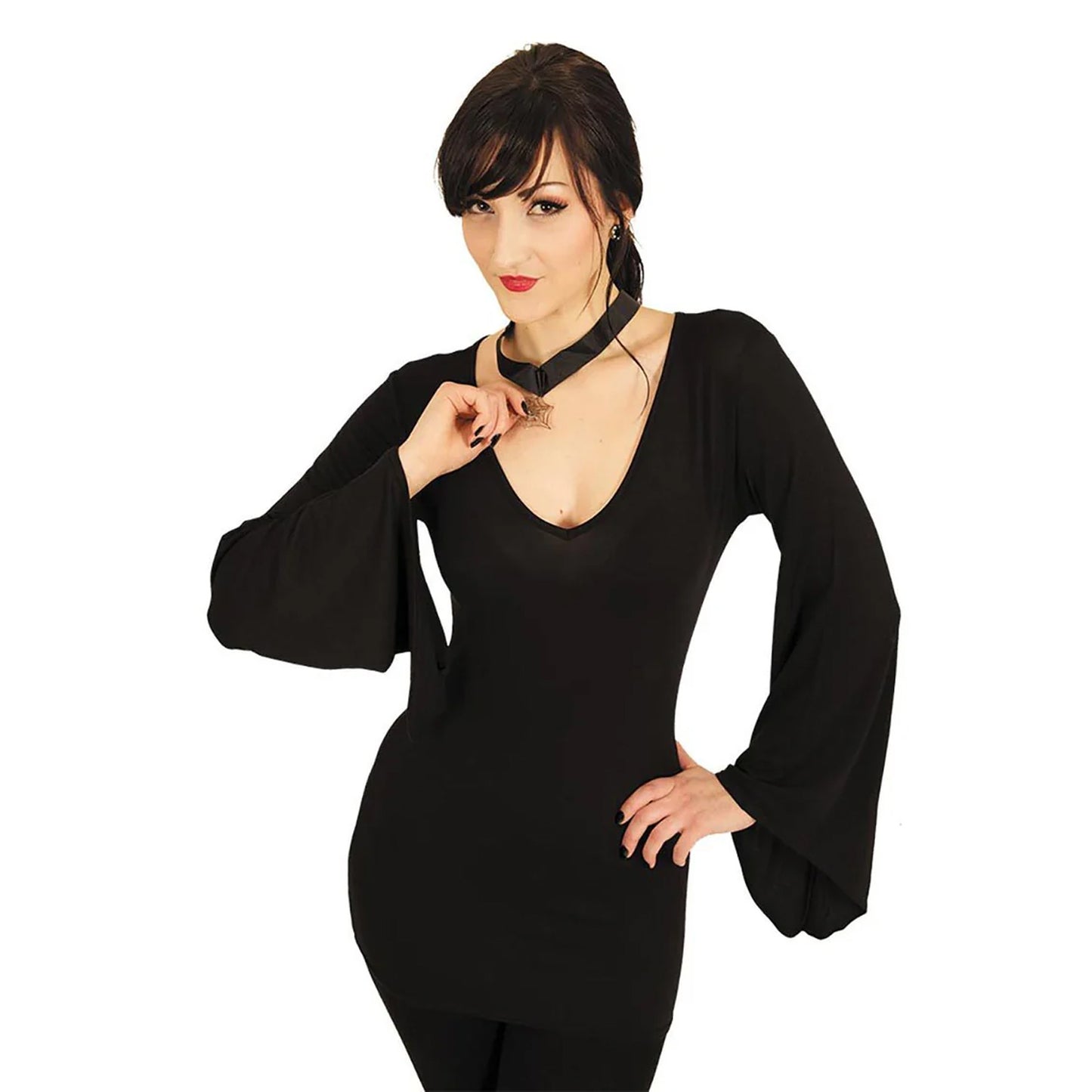 Black - Back - Spiral Direct Womens-Ladies V Neck Goth Sleeve Top