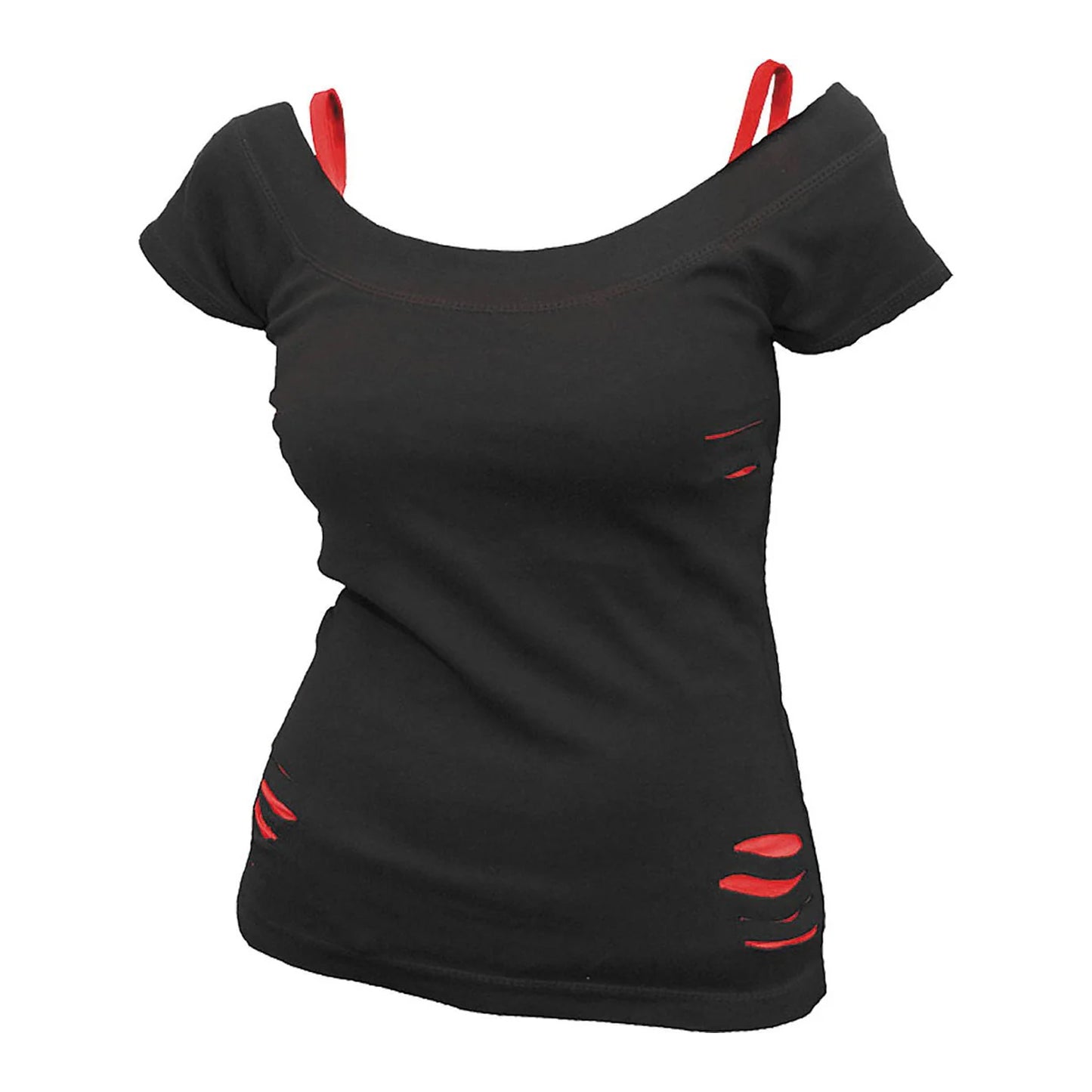 Black - Front - Spiral Direct Womens-Ladies 2 in 1 Ripped Top