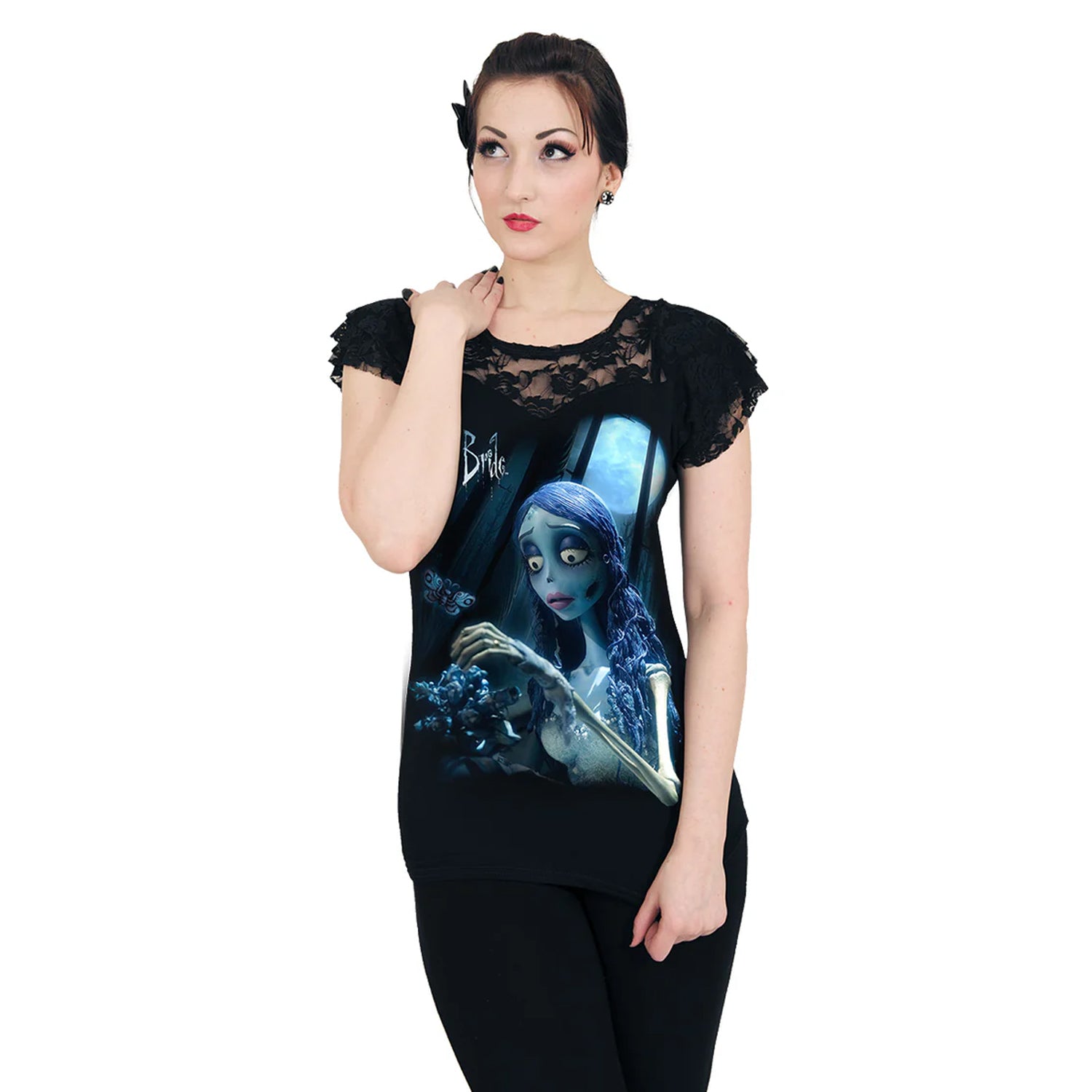 Black - Back - Corpse Bride Womens-Ladies Emily Corpse Bride Bouquet´ Top