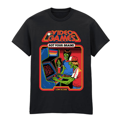 Black - Front - Steven Rhodes Unisex Adult Video Games Rot Your Brains T-Shirt