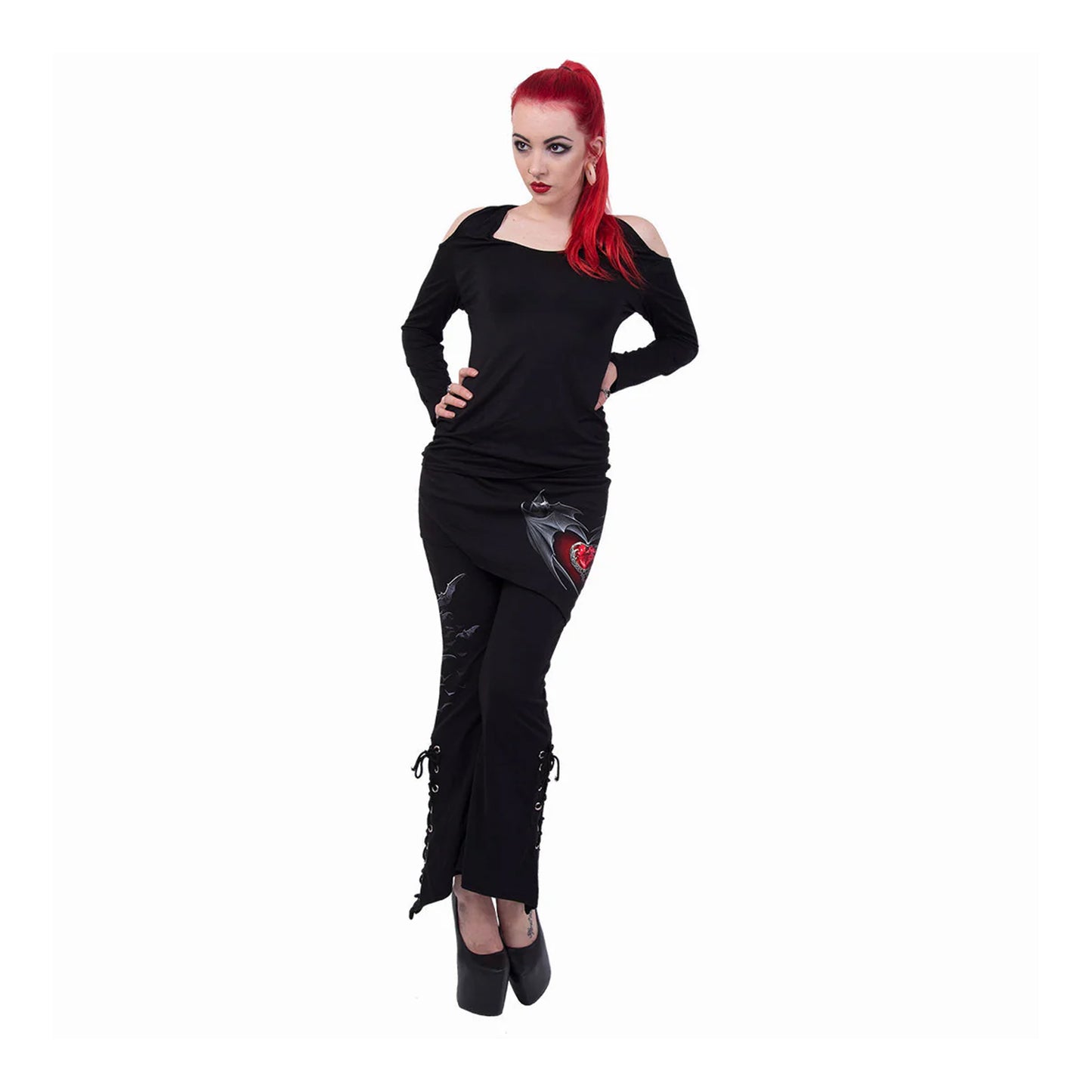 Black - Side - Spiral Direct Womens-Ladies Hearts Skirted Bootcut Leggings