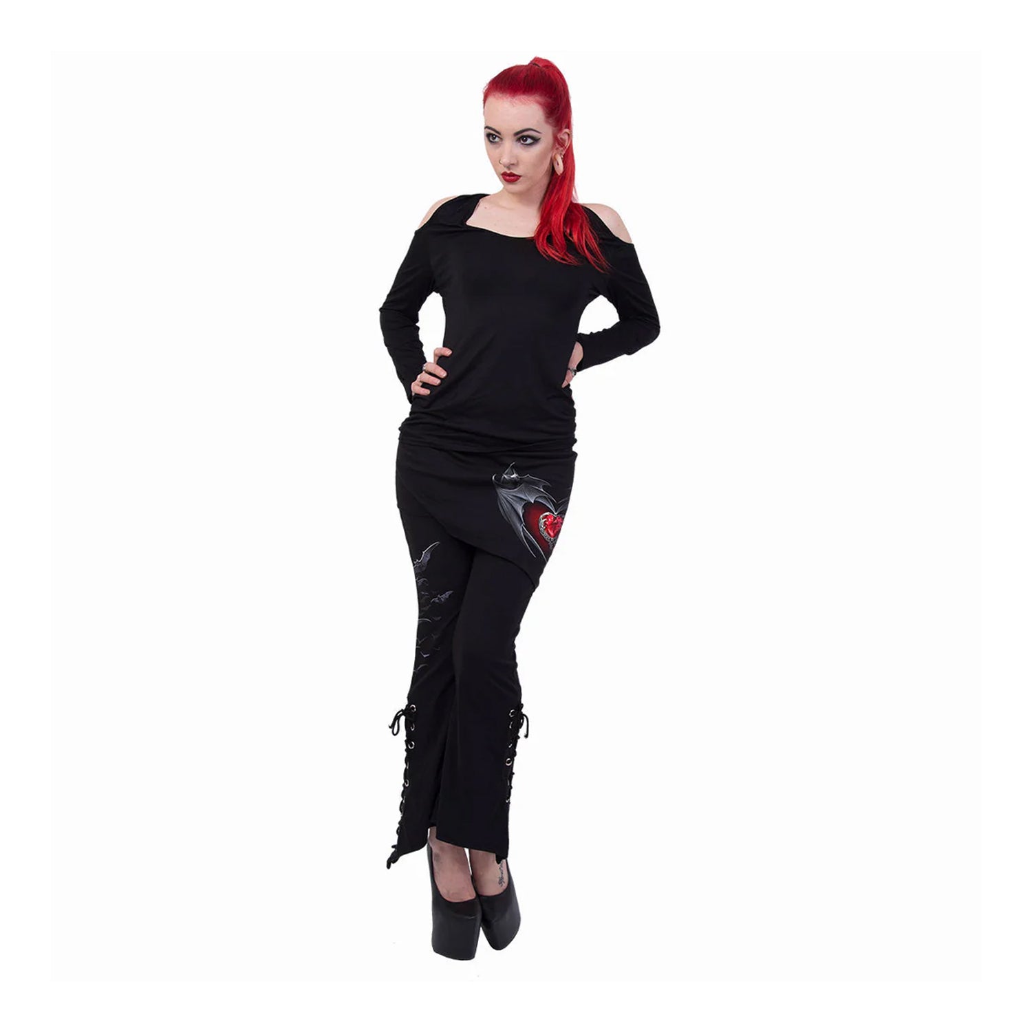 Black - Side - Spiral Direct Womens-Ladies Hearts Skirted Bootcut Leggings