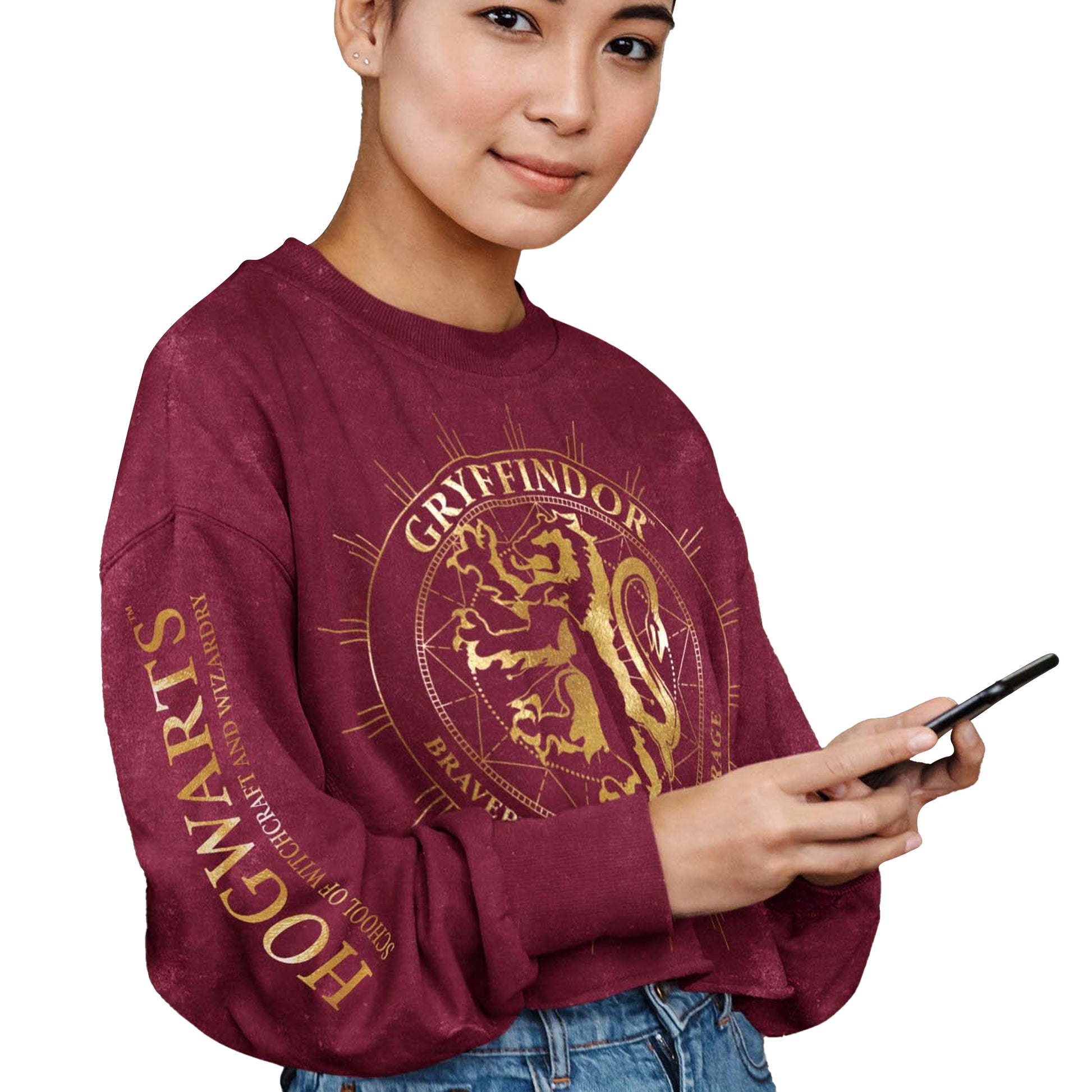Maroon - Side - Harry Potter Womens-Ladies Gryffindor Constellation Acid Wash Crop Sweatshirt