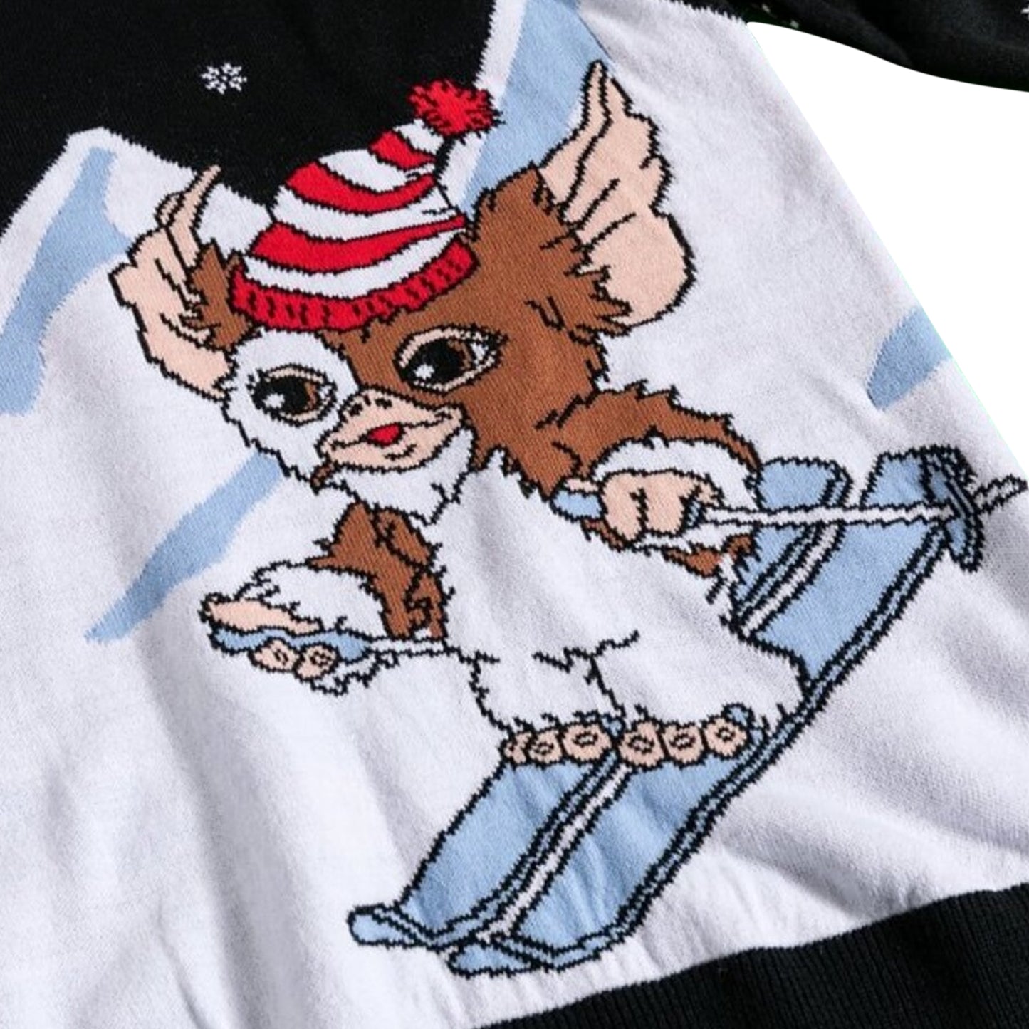 Black-White - Pack Shot - Gremlins Unisex Adult Skiing Gizmo Knitted Christmas Jumper