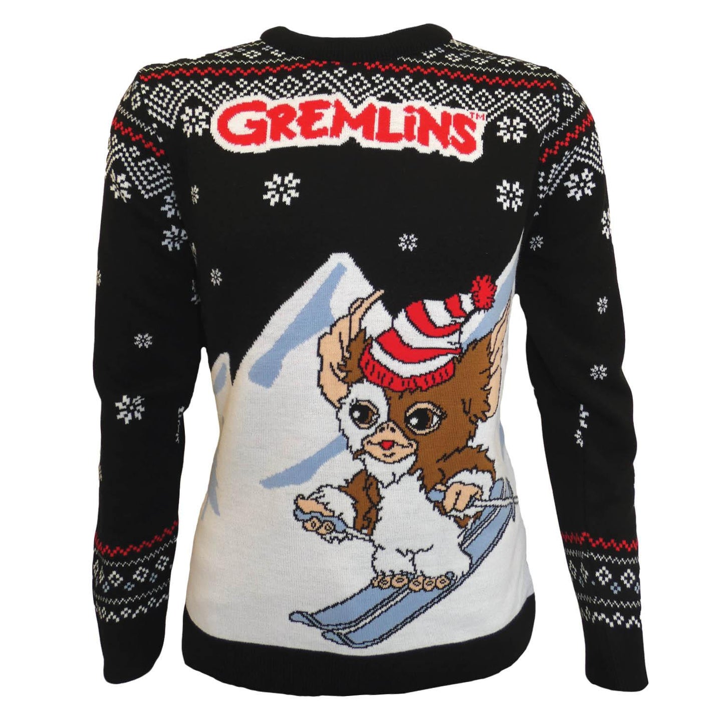 Black-White - Front - Gremlins Unisex Adult Skiing Gizmo Knitted Christmas Jumper