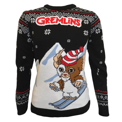 Black-White - Front - Gremlins Unisex Adult Skiing Gizmo Knitted Christmas Jumper