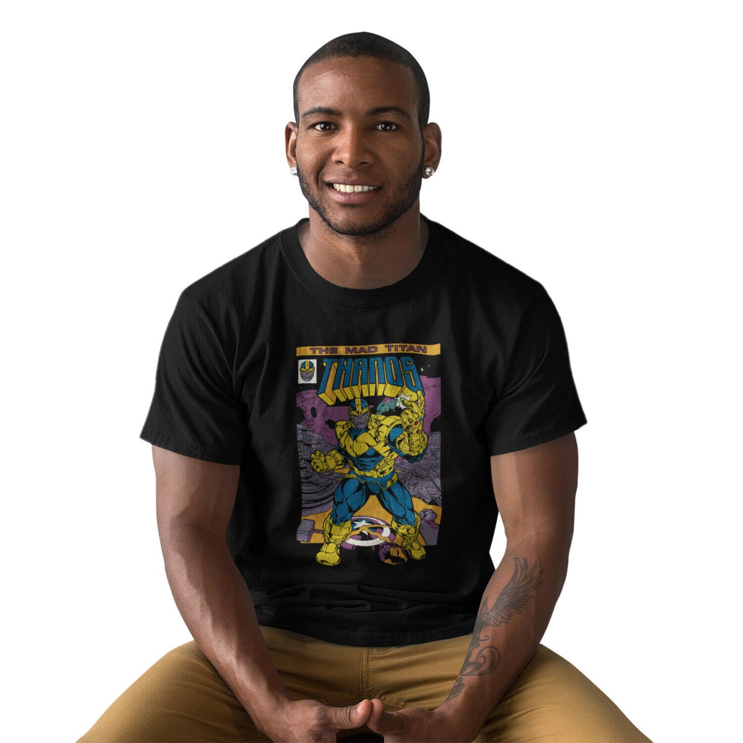 Black - Back - Marvel Avengers Unisex Adult Thanos Comic Cover T-Shirt