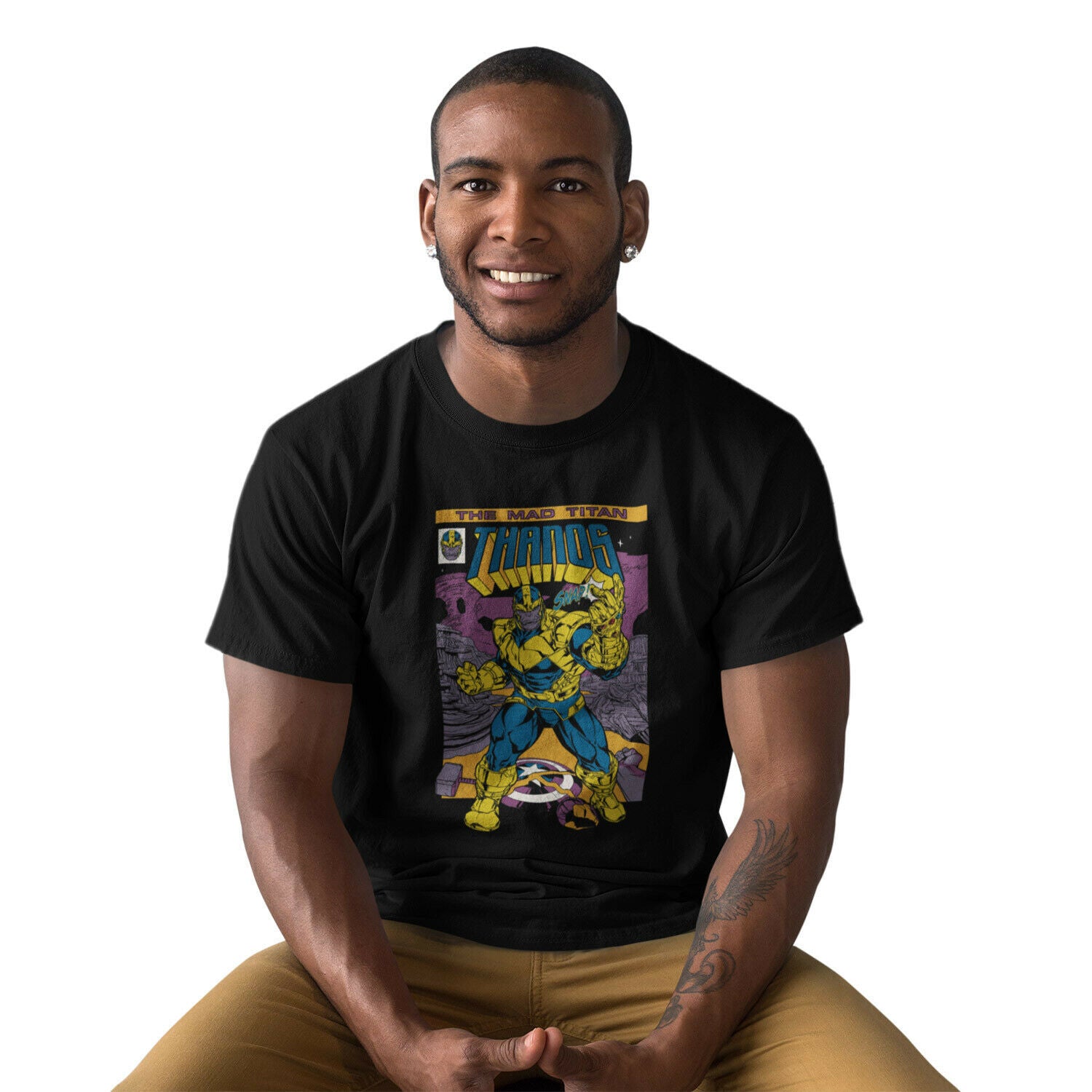 Black - Back - Marvel Avengers Unisex Adult Thanos Comic Cover T-Shirt