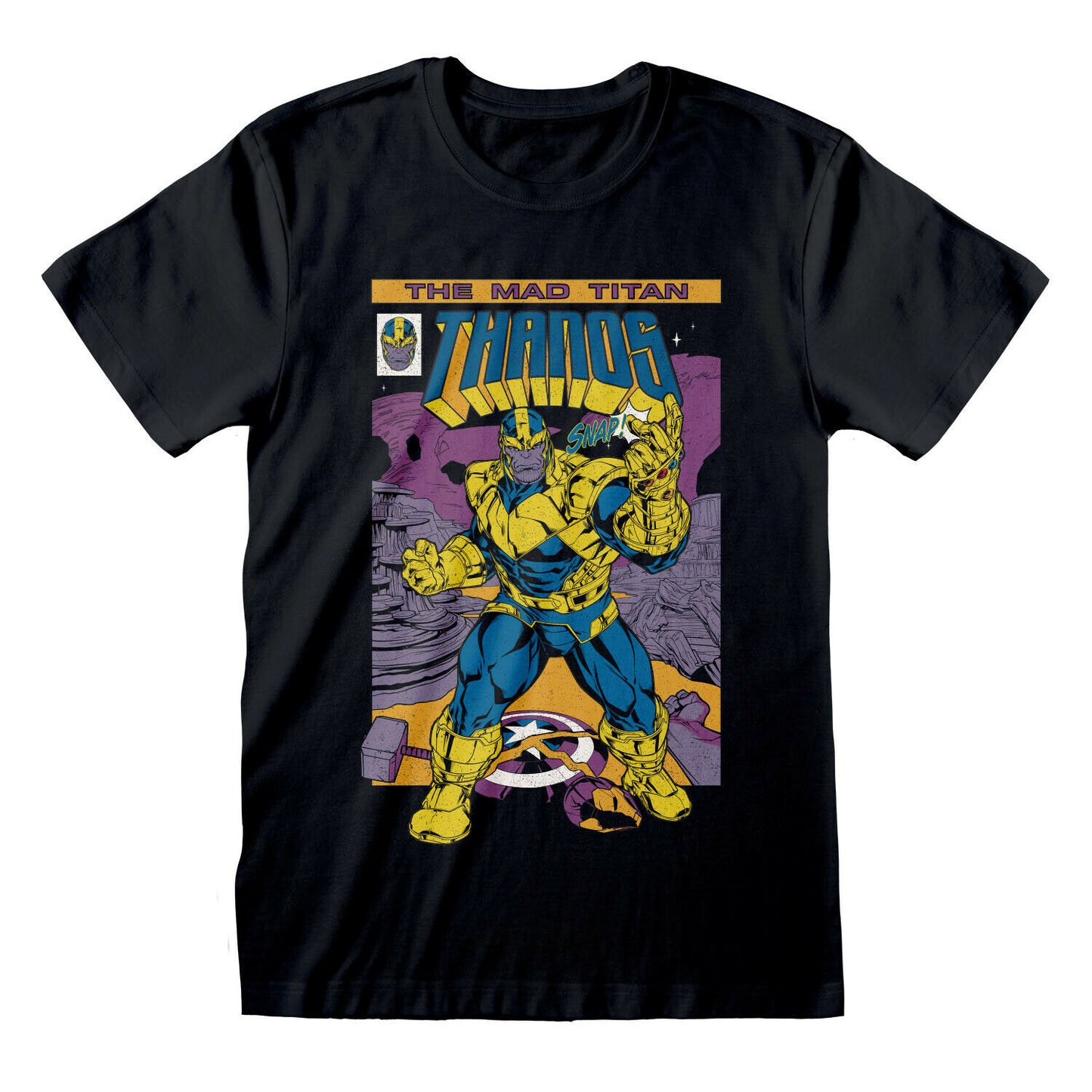 Black - Front - Marvel Avengers Unisex Adult Thanos Comic Cover T-Shirt