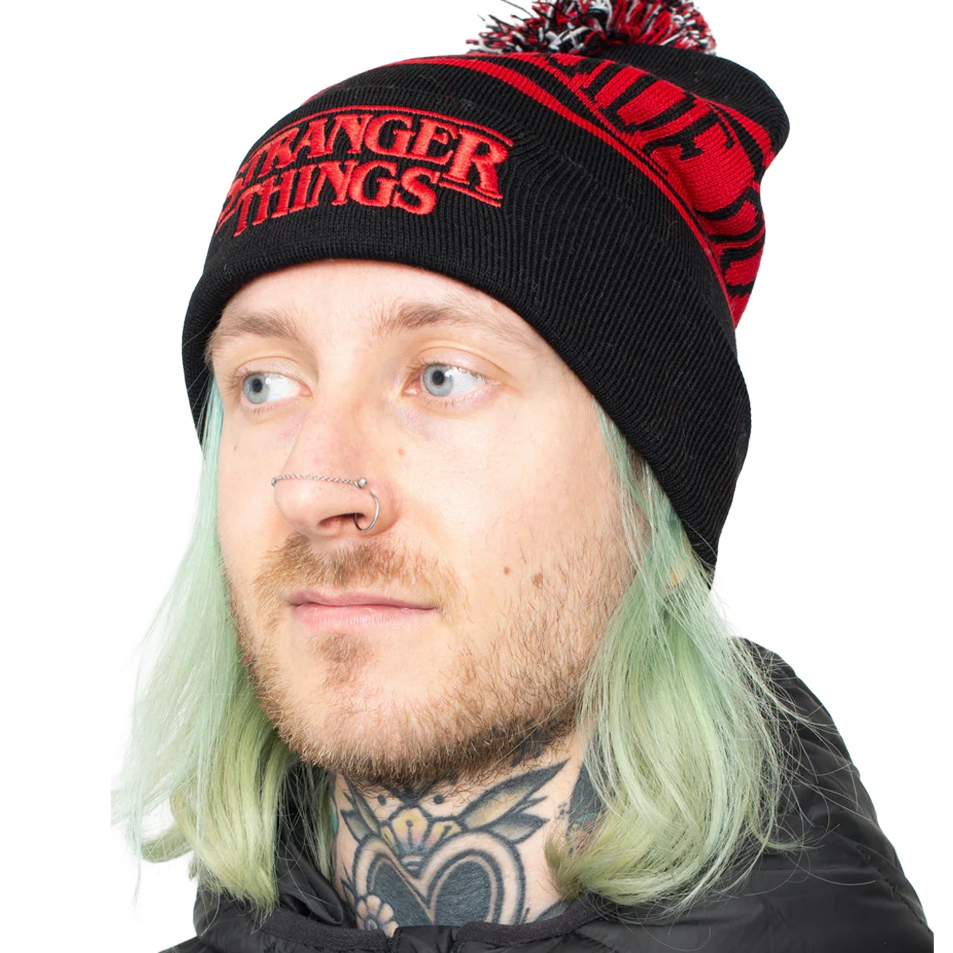 Black-Red - Side - Stranger Things The Upside Down Pom Pom Beanie