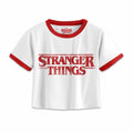 White-Red - Front - Stranger Things Womens-Ladies Distressed Logo Crop Top
