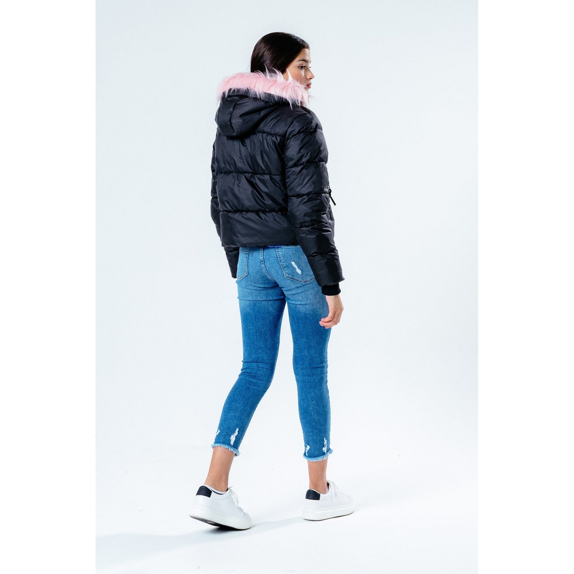 Black-Pink - Side - Hype Girls Cropped Puffer Jacket