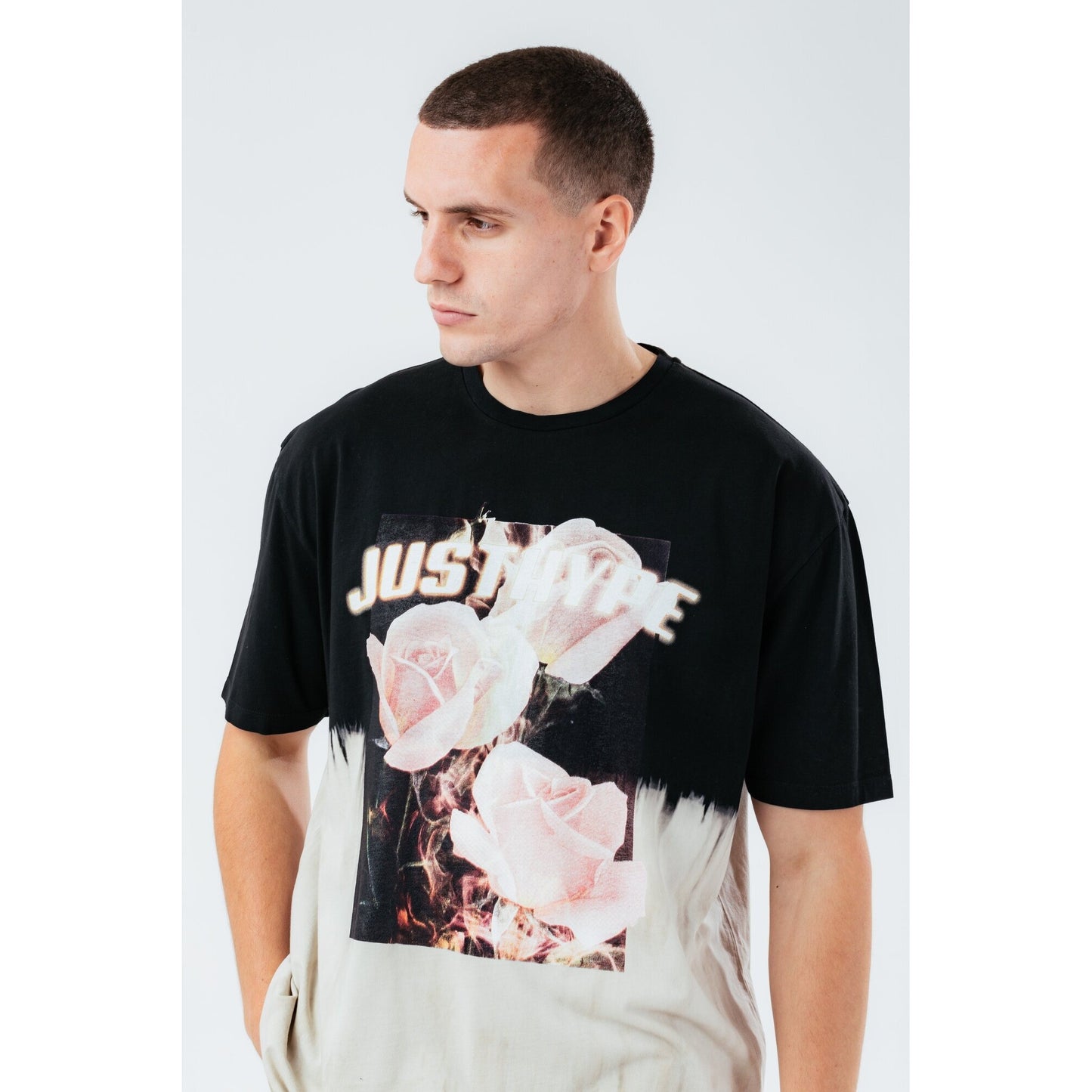 Black-Cream - Side - Hype Mens Rose Fire Oversized T-Shirt