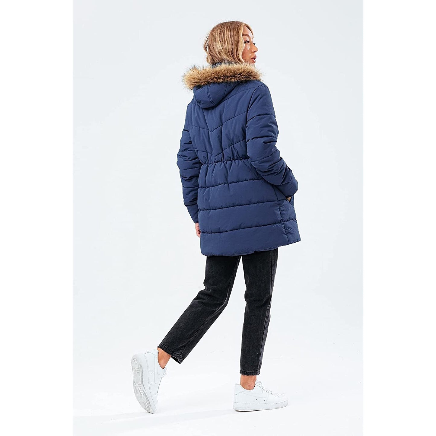Navy - Side - Hype Womens-Ladies Fitted Puffer Jacket