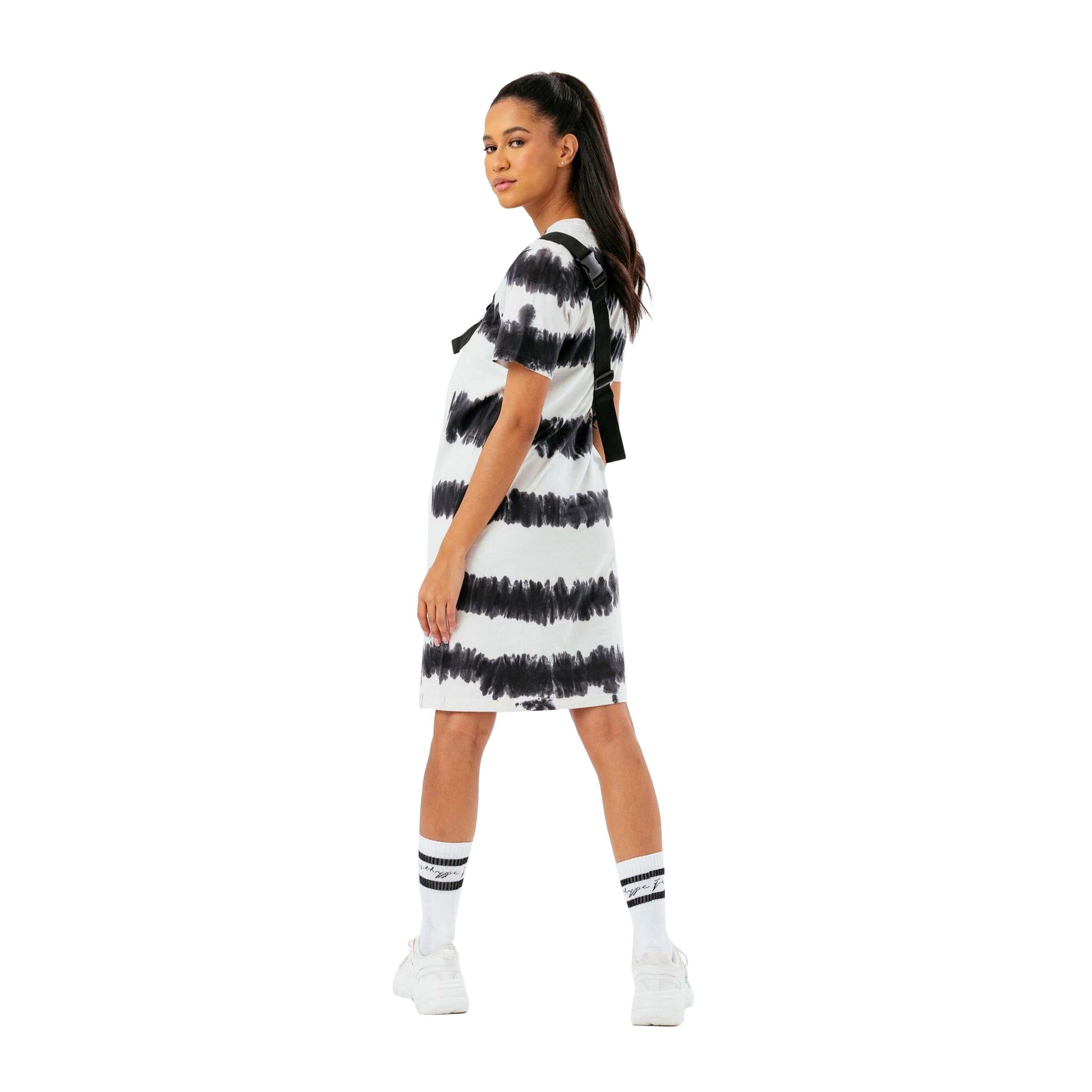Cream-Black - Side - Hype Womens-Ladies Tie Dye T-Shirt Dress