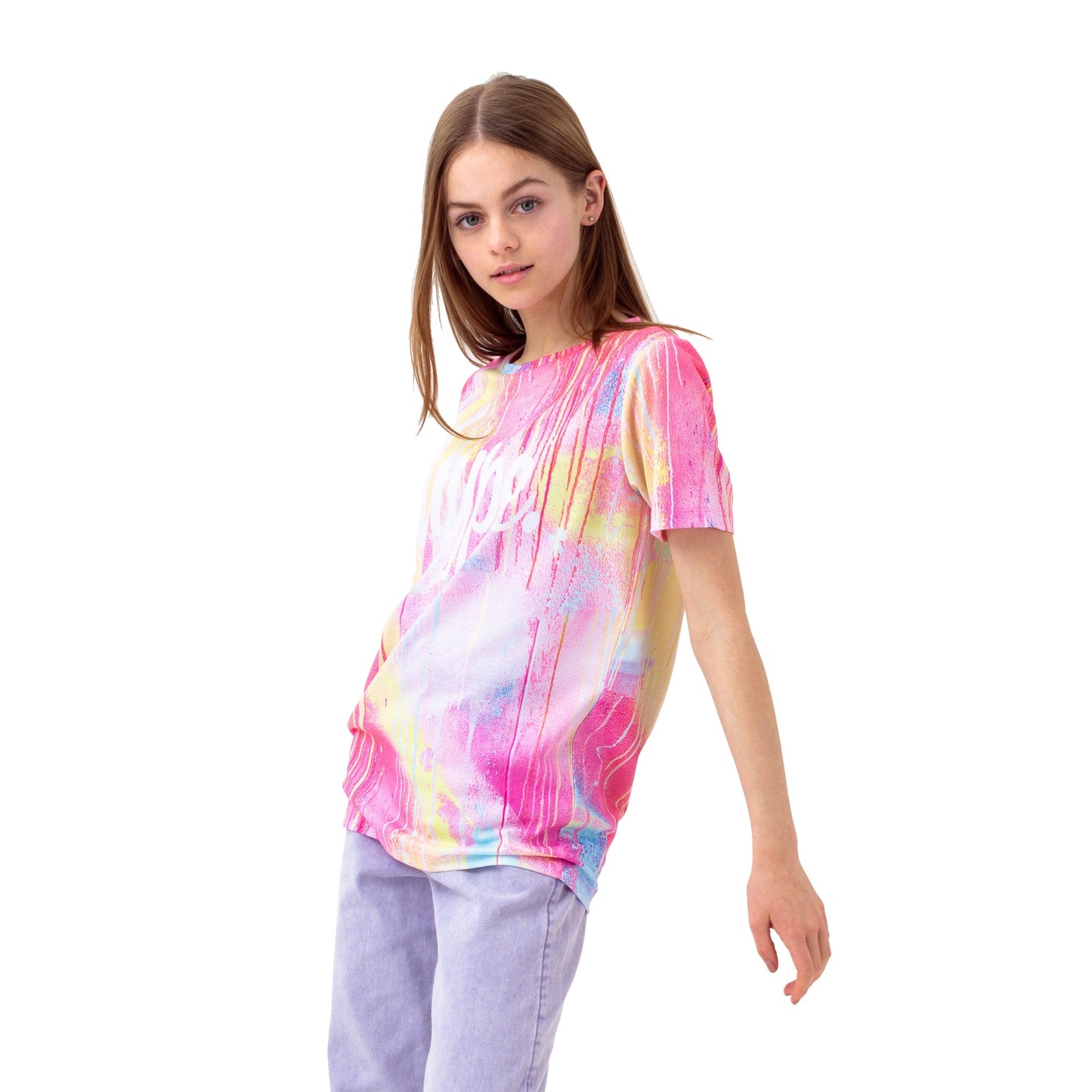Pink-Yellow-White - Front - Hype Girls Spray Drips Script T-Shirt