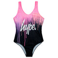 Pink-Black-White - Front - Hype Girls Drips Script One Piece Swimsuit