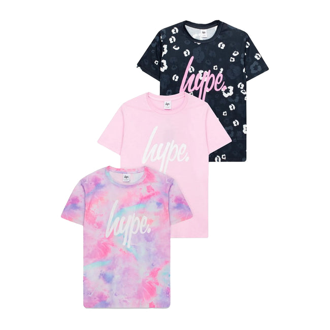 Pink-Black-Purple - Front - Hype Girls Pink Leopard T-Shirt (Pack of 3)
