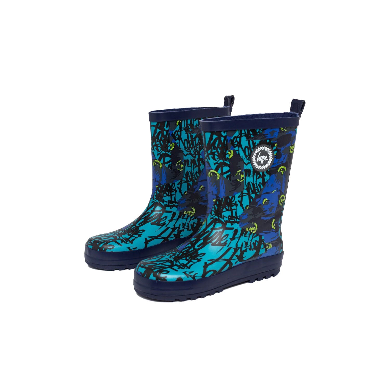 Blue-Black - Front - Hype Childrens-Kids Tyler Graffiti Wellington Boots