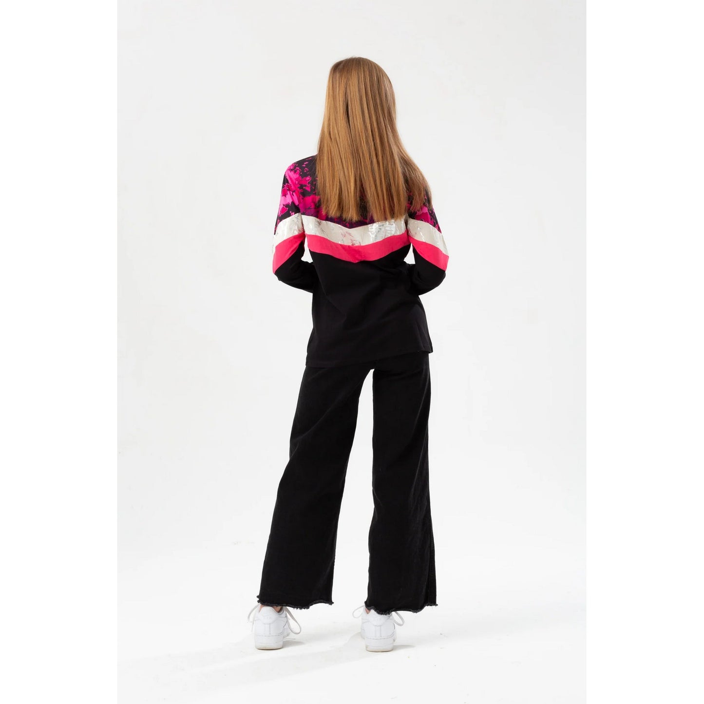 Black-Pink - Back - Hype Womens-Ladies Chevron Tie Dye Fade Script Long-Sleeved T-Shirt
