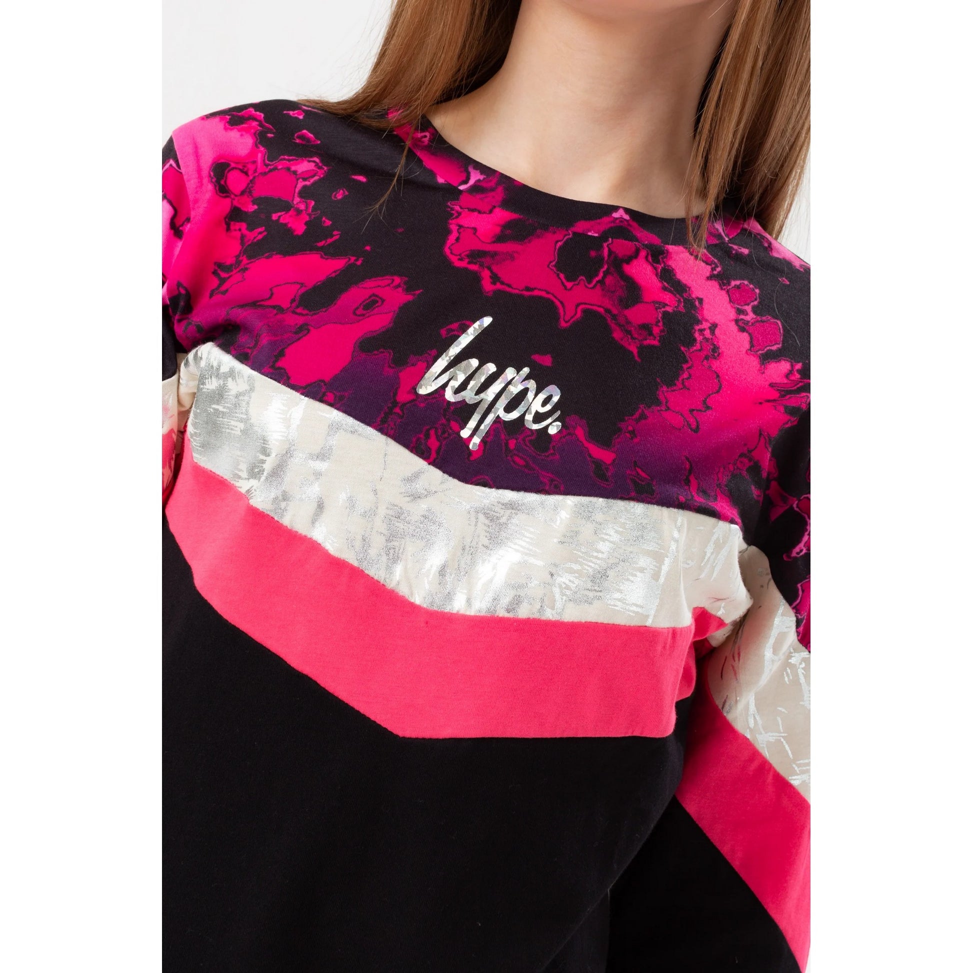 Black-Pink - Side - Hype Womens-Ladies Chevron Tie Dye Fade Script Long-Sleeved T-Shirt