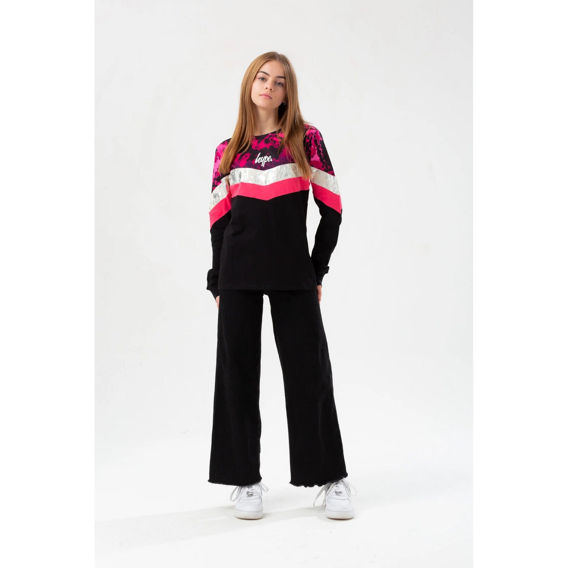 Black-Pink - Lifestyle - Hype Womens-Ladies Chevron Tie Dye Fade Script Long-Sleeved T-Shirt