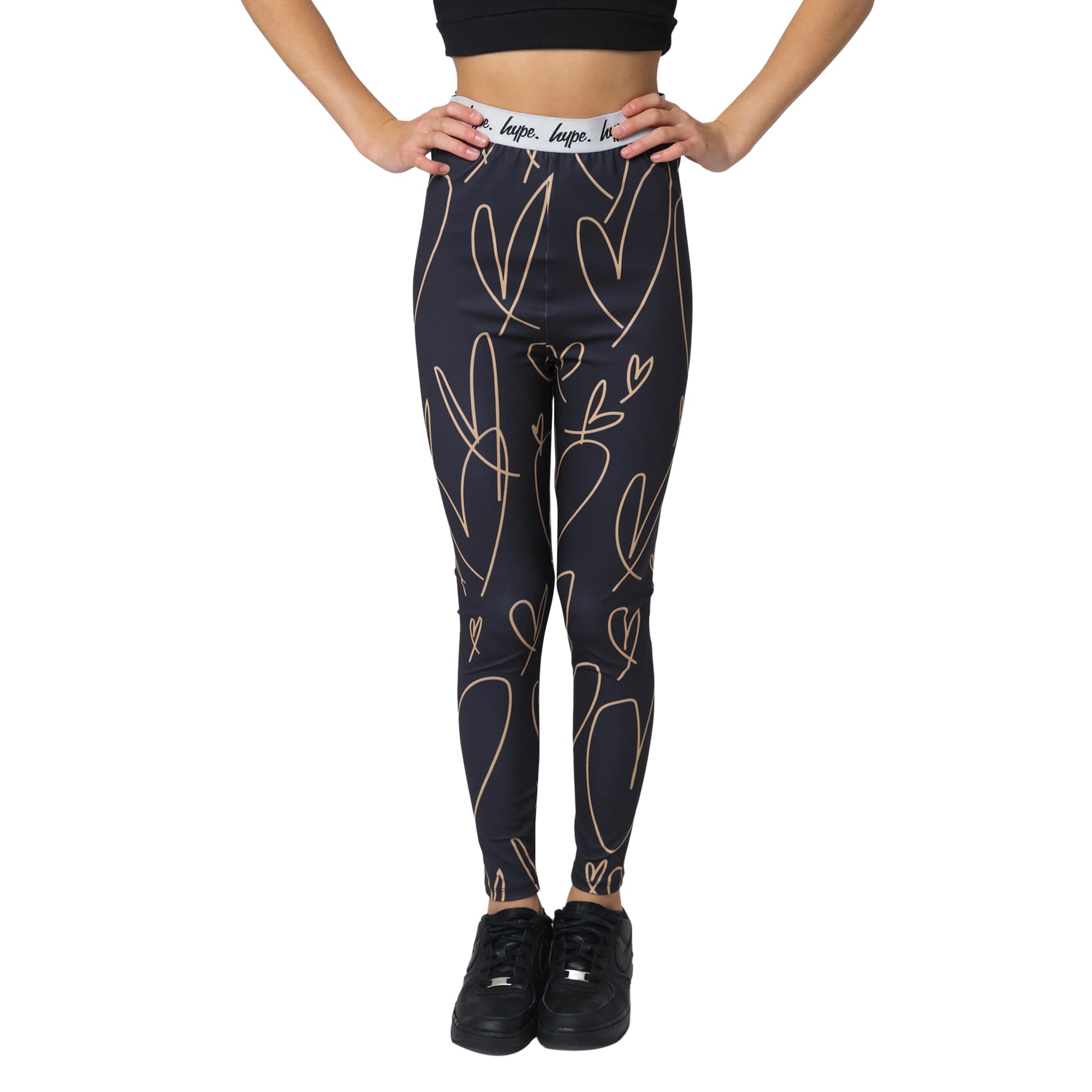 Black-Beige - Side - Hype Girls Scribble Heart Leggings