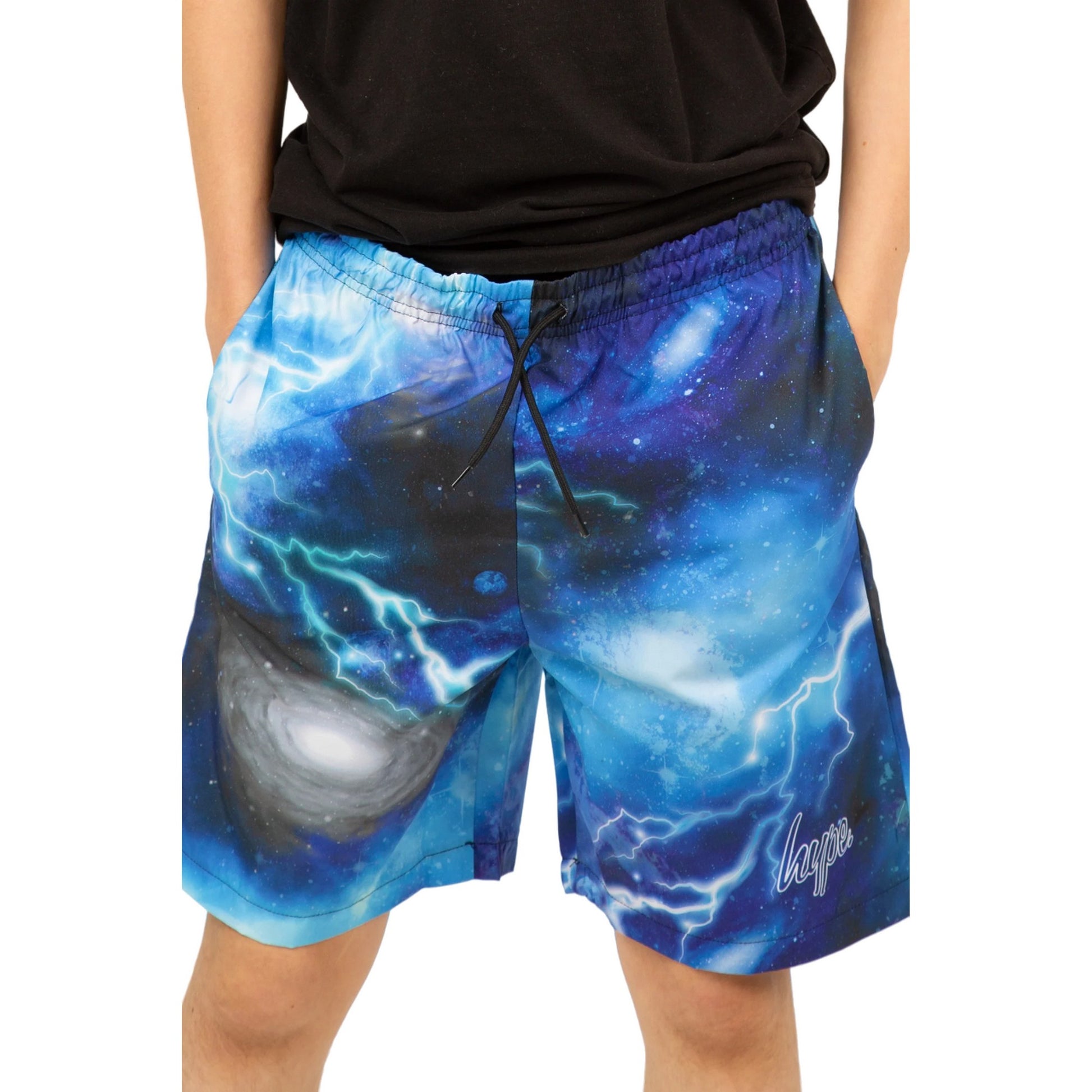 Blue-White - Side - Hype Boys Lightning Sky Outline Mini Script Swim Shorts