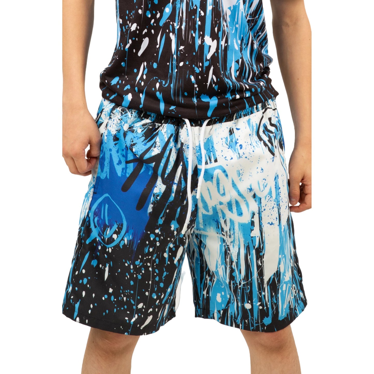 Black-Blue-White - Side - Hype Boys Graffiti Drips Casual Shorts