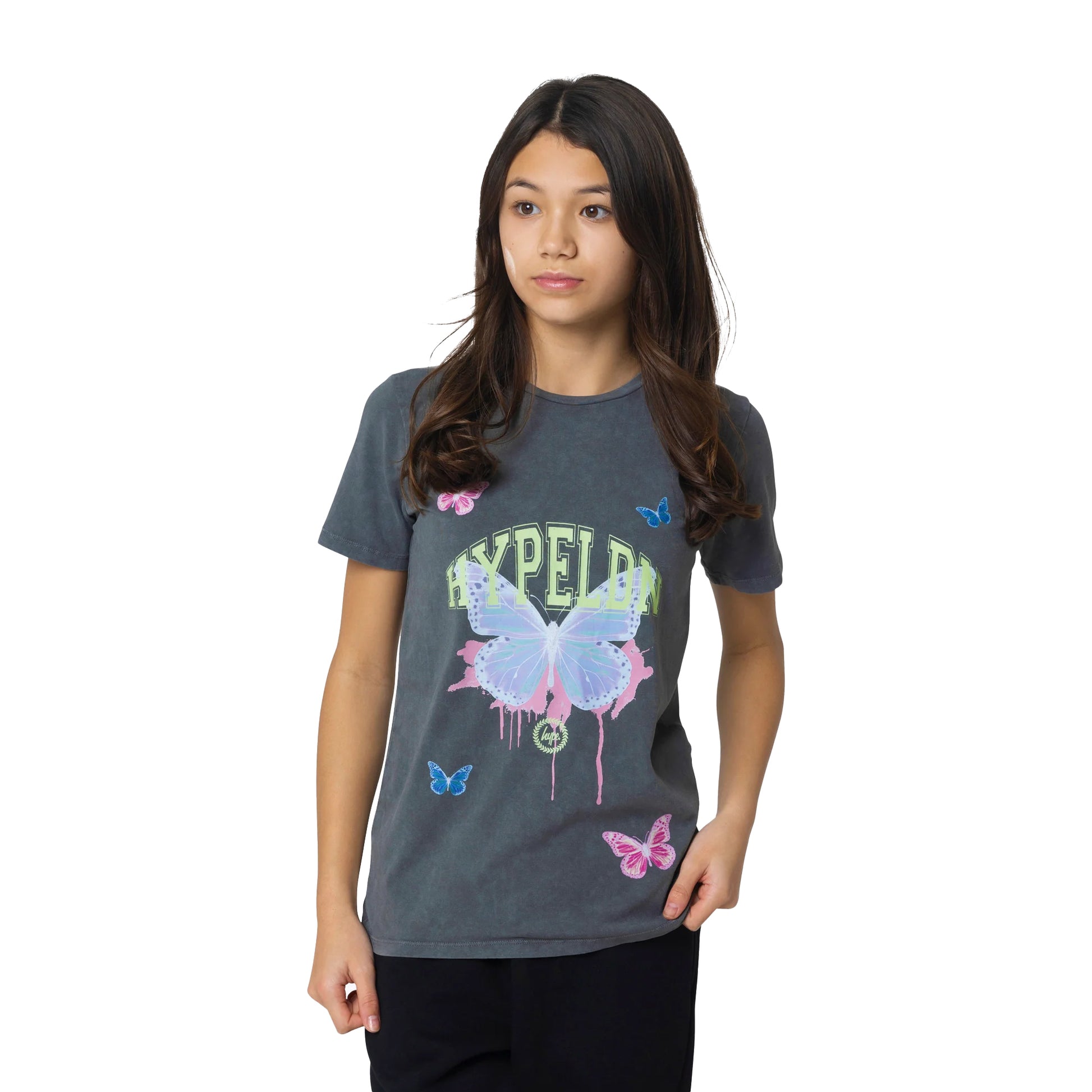 Black - Back - Hype Girls Butterfly Acid Wash T-Shirt
