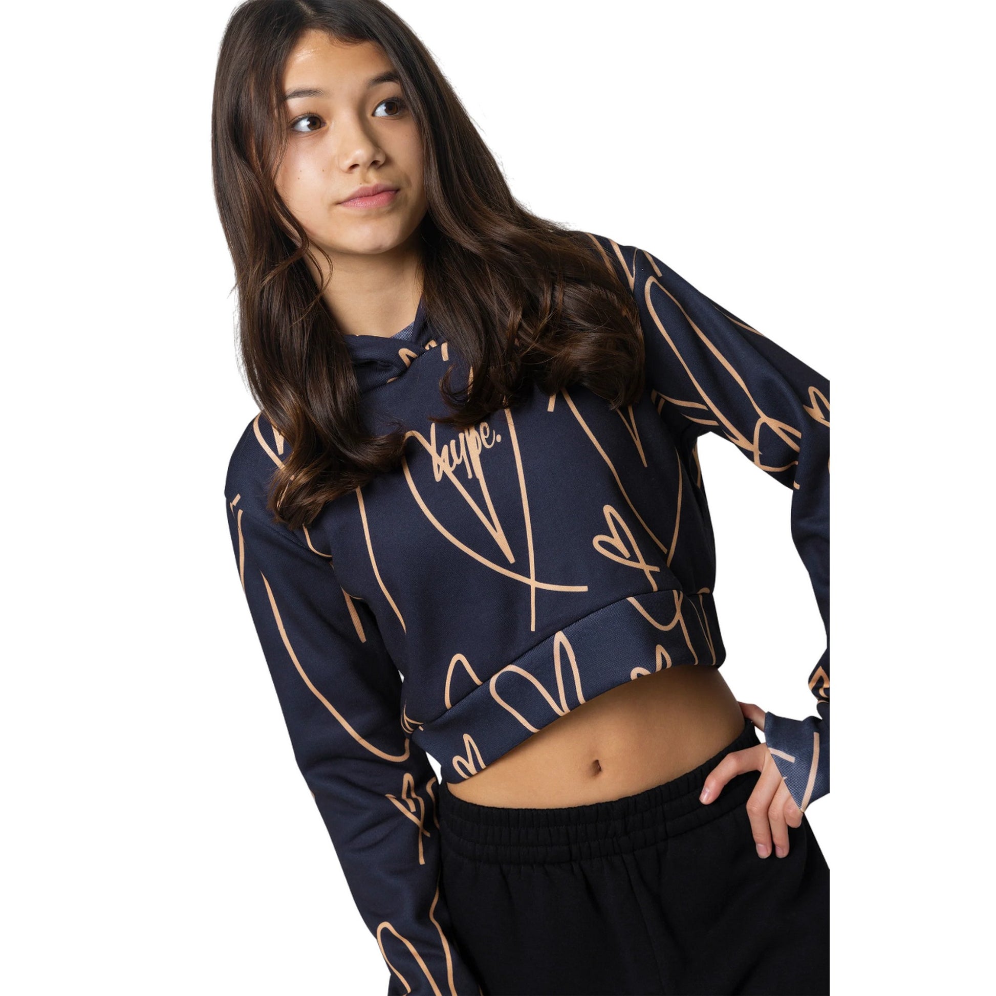 Brown - Side - Hype Girls Scribble Heart Crop Hoodie