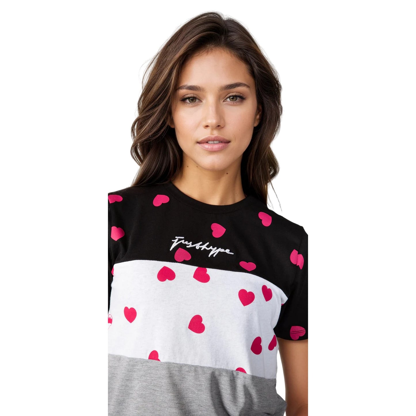 Black-White-Grey - Side - Hype Womens-Ladies Tri Scatter Heart Scribble T-Shirt