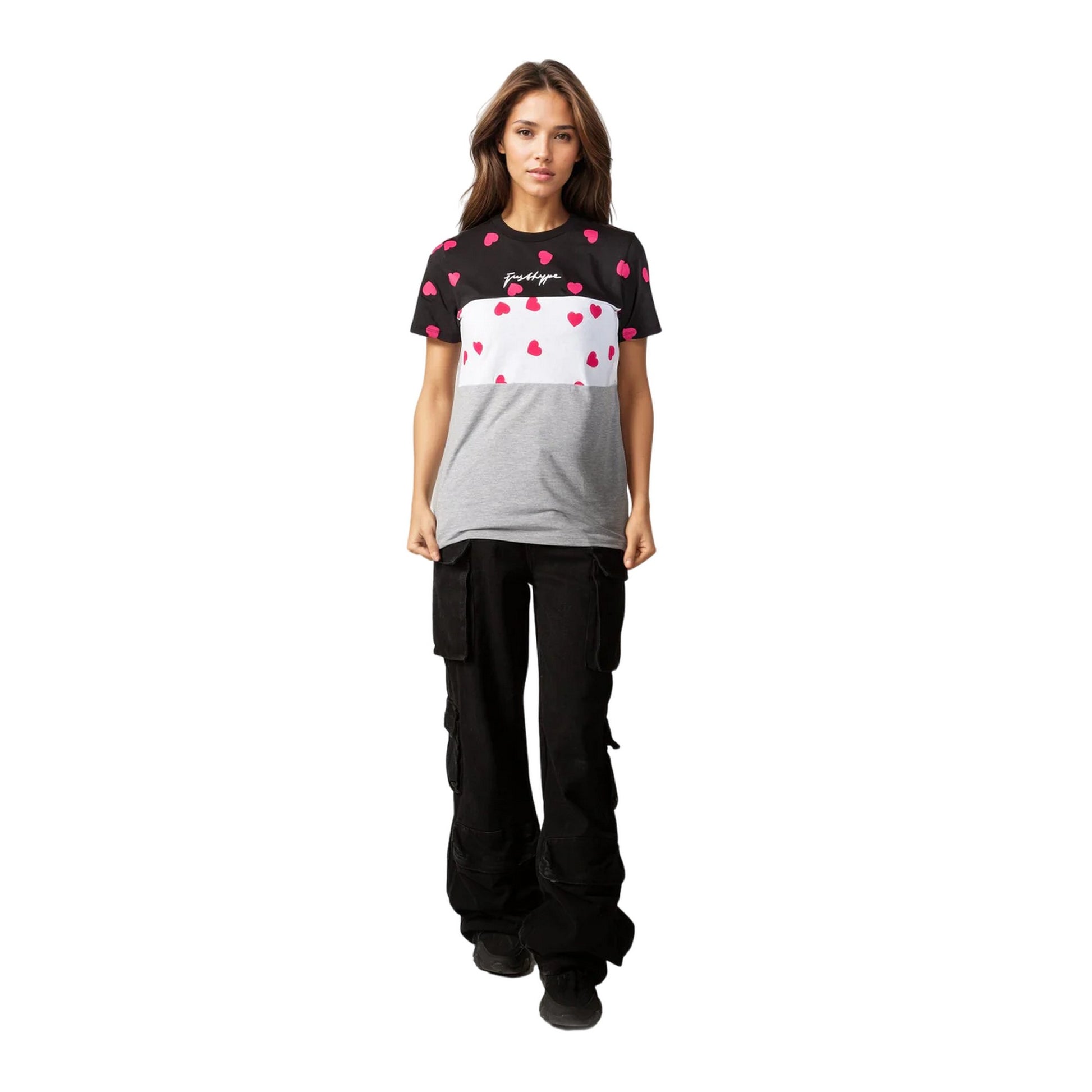 Black-White-Grey - Pack Shot - Hype Womens-Ladies Tri Scatter Heart Scribble T-Shirt