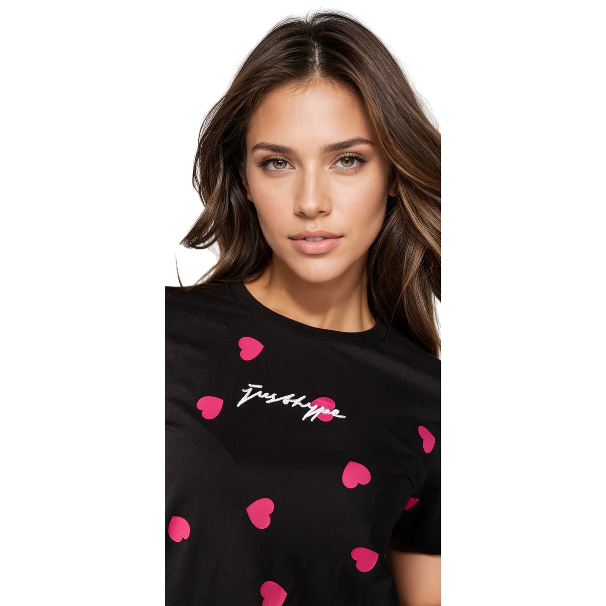 Black-Pink - Side - Hype Womens-Ladies Scatter Heart Scribble T-Shirt