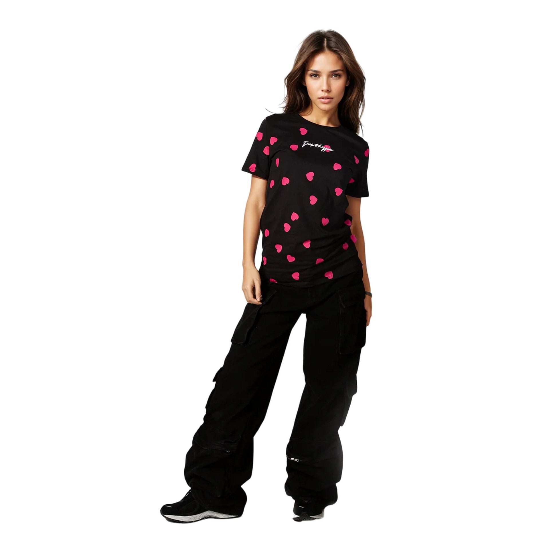 Black-Pink - Pack Shot - Hype Womens-Ladies Scatter Heart Scribble T-Shirt
