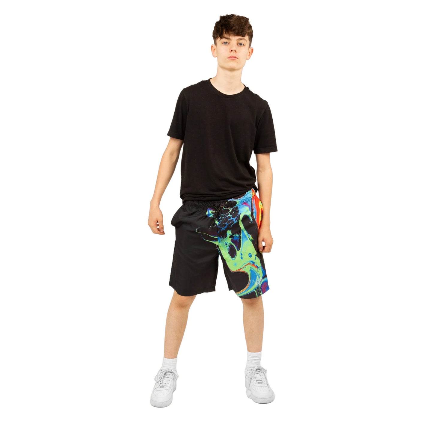 Black-Green-Blue - Lifestyle - Hype Boys Marble Ink Mini Script Swim Shorts