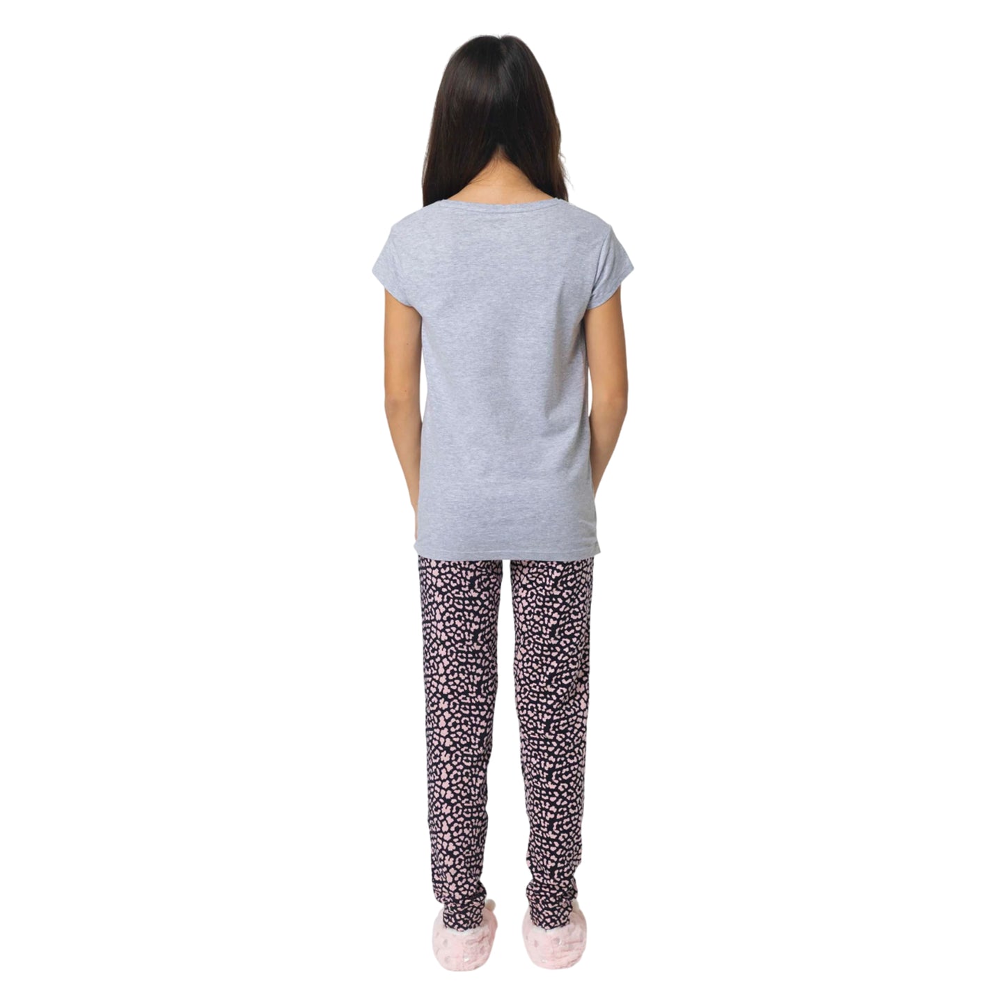 Grey - Back - Hype Girls Leopard Print Slouch Capped Sleeved Long Pyjama Set