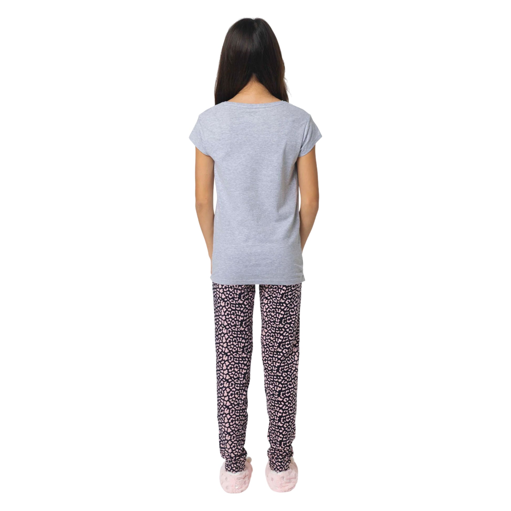 Grey - Back - Hype Girls Leopard Print Slouch Capped Sleeved Long Pyjama Set