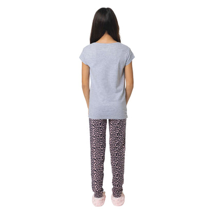 Grey - Back - Hype Girls Leopard Print Slouch Capped Sleeved Long Pyjama Set