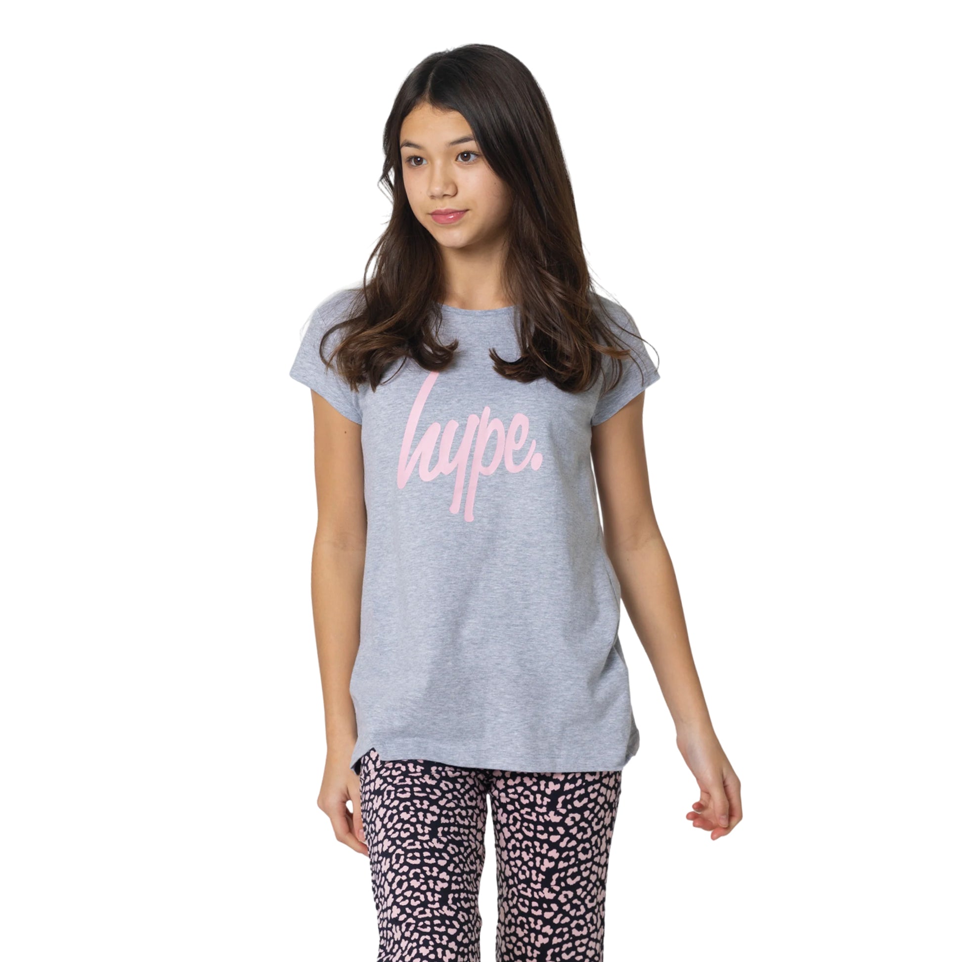 Grey - Side - Hype Girls Leopard Print Slouch Capped Sleeved Long Pyjama Set