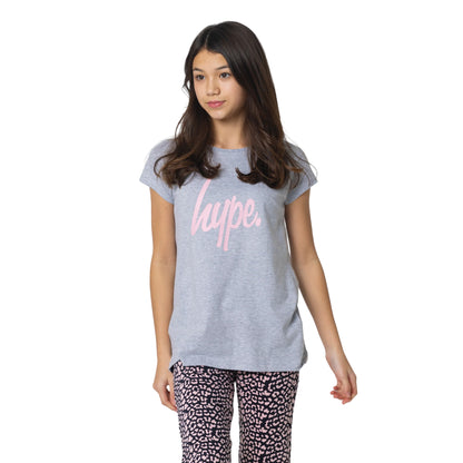 Grey - Side - Hype Girls Leopard Print Slouch Capped Sleeved Long Pyjama Set